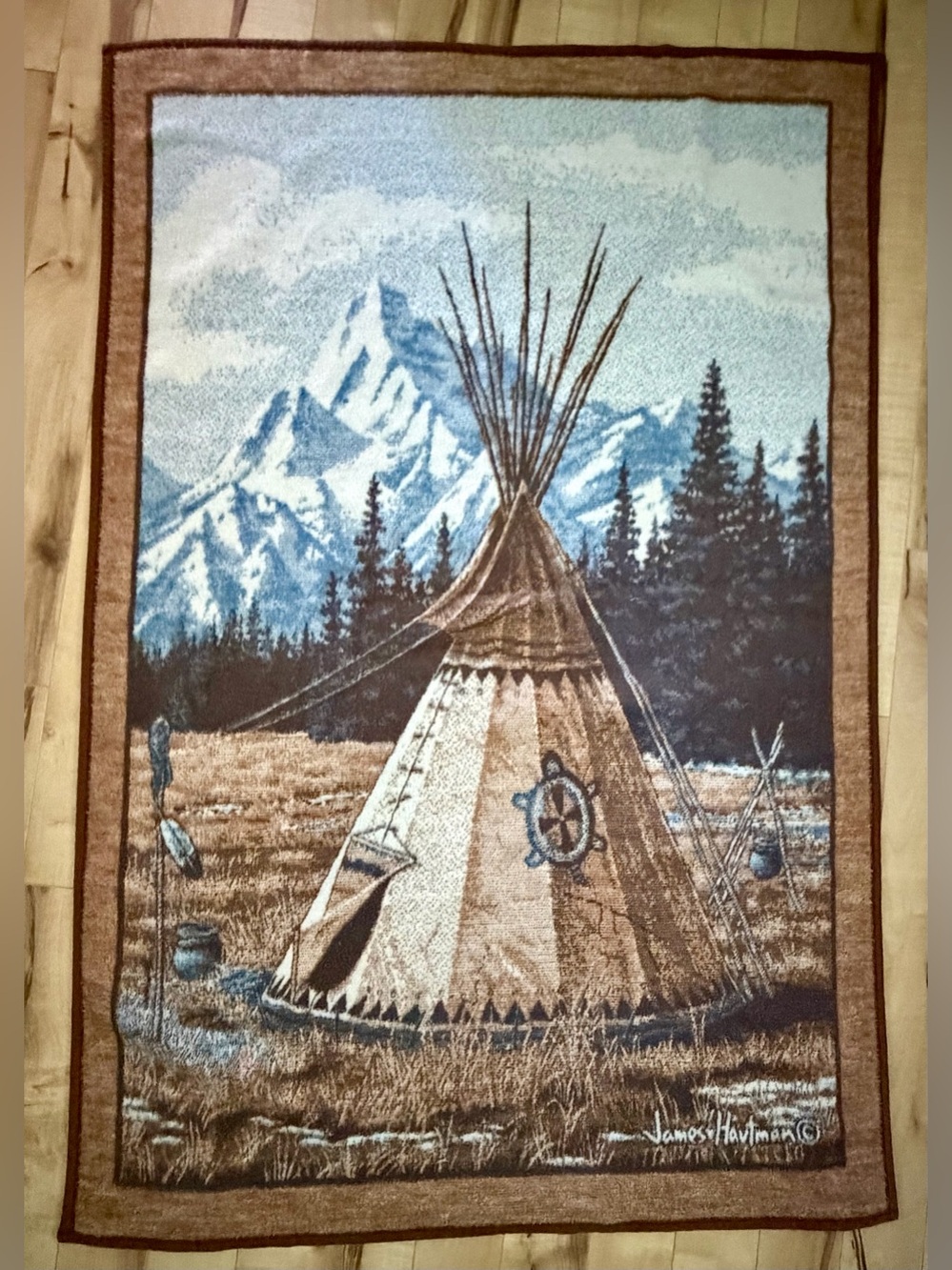 Vintage reversible Biederlack acrylic blanket with teepee